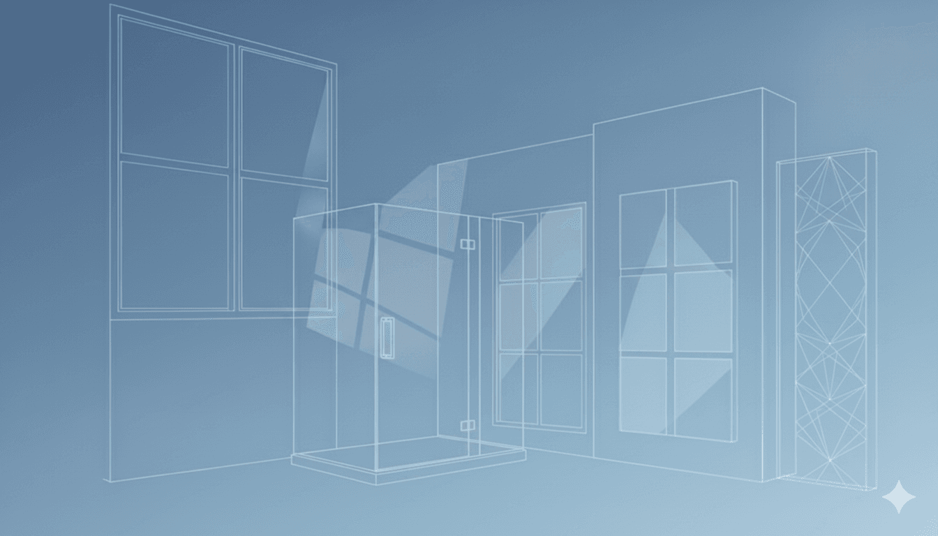 Technical blueprint showing glass and aluminum systems