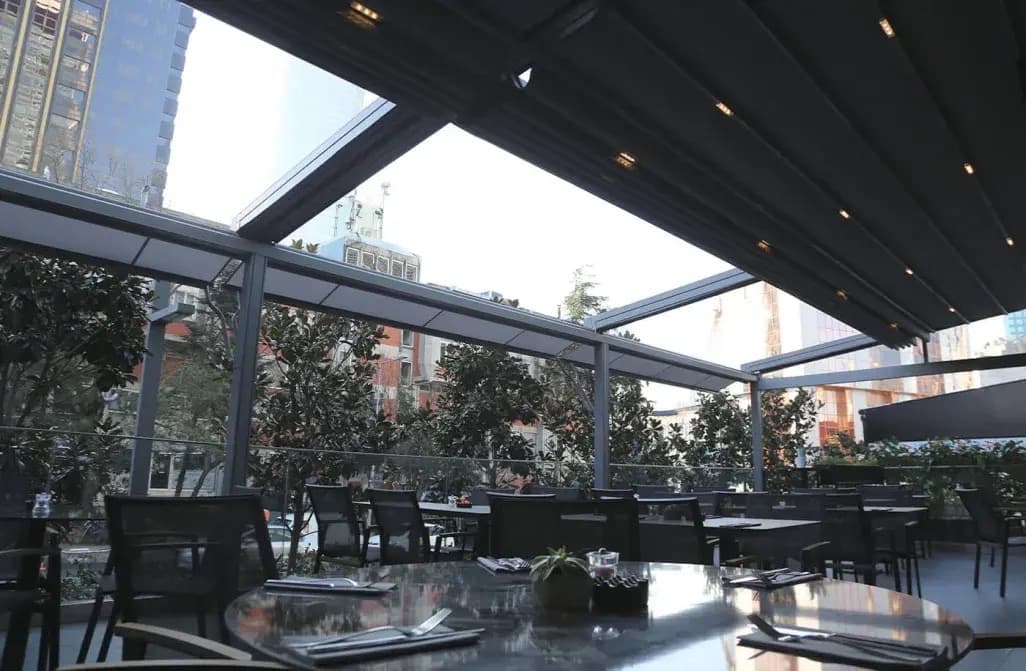 Custom pergola providing shade for restaurant patio