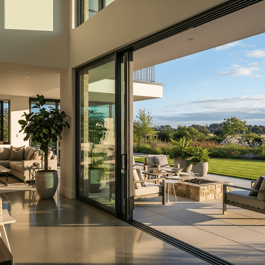 Modern sliding glass patio door opening to outdoor living space