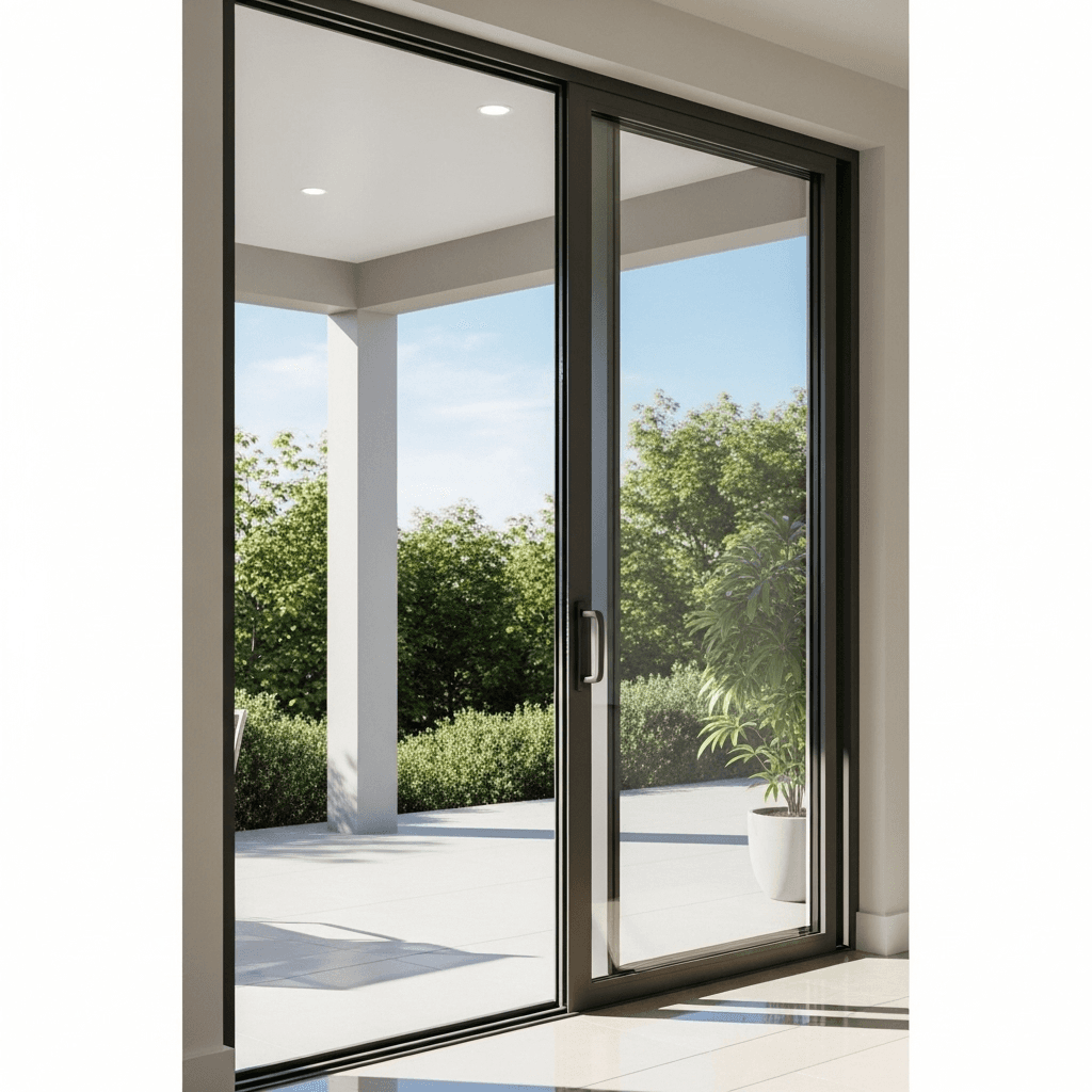 Energy-efficient sliding patio door with slim aluminum frame
