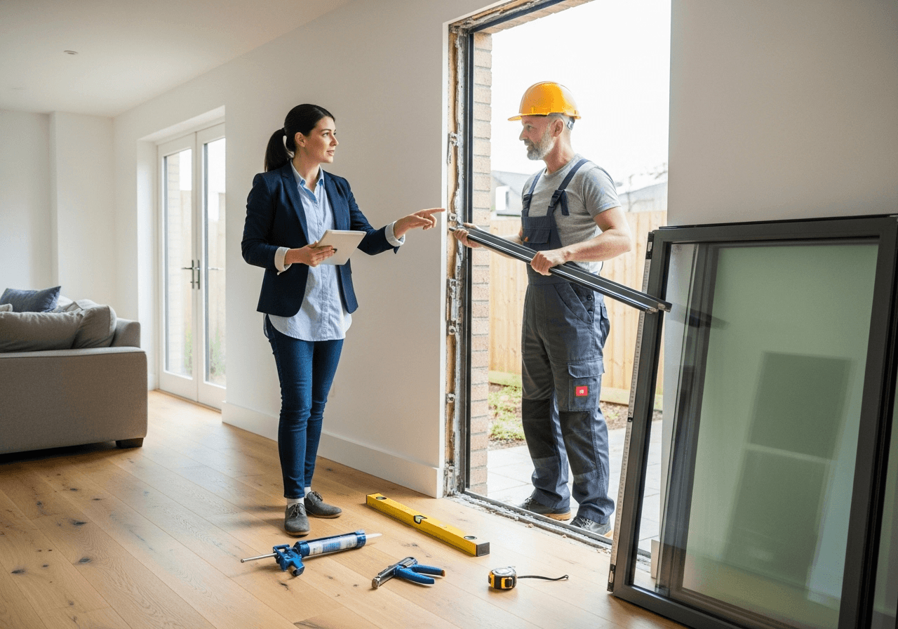 Professional window replacement process with interior architect consultation and aluminum system integration